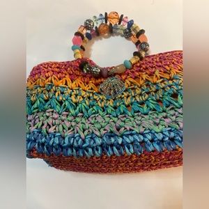 Bohemian straw beaded handle purse boho western costal